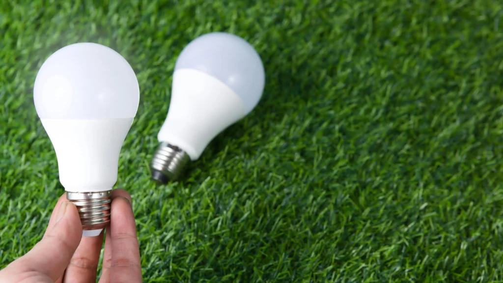 home upgrades that cut electricity bills. LED light bulbs installed in a modern living room to reduce electricity bills