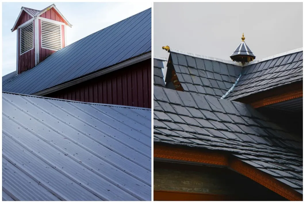 Metal vs. Asphalt The Ultimate Roof Showdown.A split-screen image. One side shows a high-end charcoal asphalt shingle roof; the other shows a sleek matte black standing-seam metal roof.