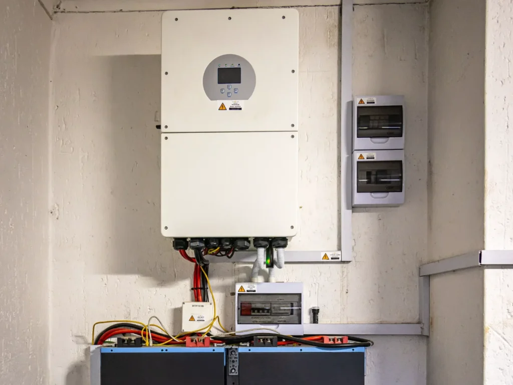 AI-Driven Home Energy Management System. Smart inverter and home battery system mounted on a US residential garage wall with solar panels overhead.