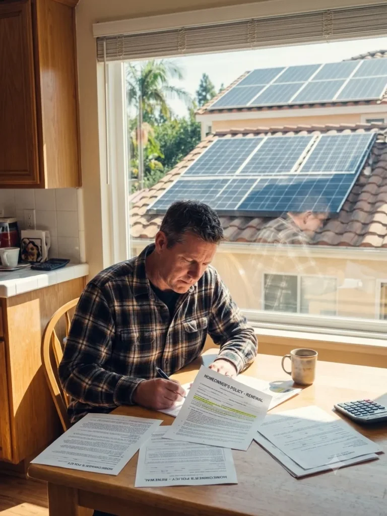 Homeowner reviewing homeowners insurance coverage for a rooftop solar panel system