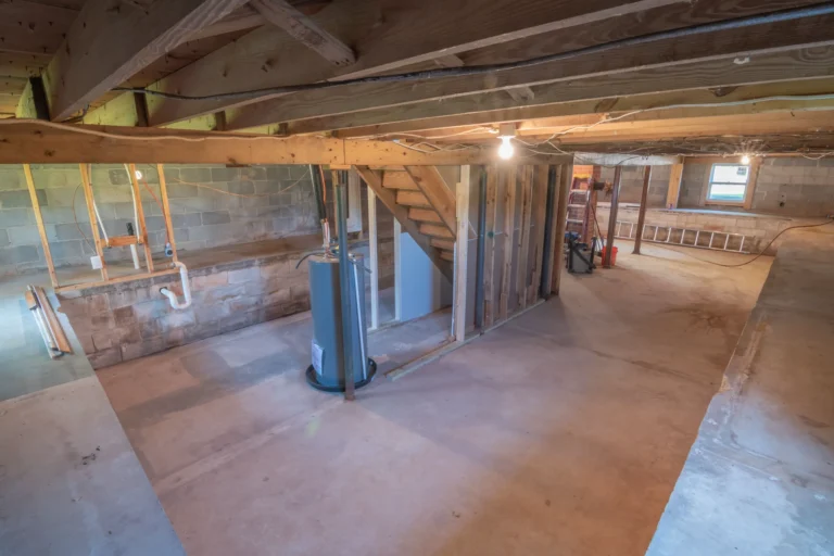 Interior French drain installation for basement waterproofing showing drain pipe and gravel channel