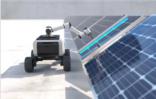 Industrial solar panel cleaning robot operating on a large utility-scale solar farm. Solar Panel Cleaning Robots.