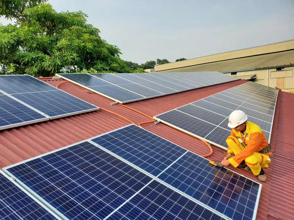 Professional technician cleaning residential solar panels using a deionized water-fed pole system.