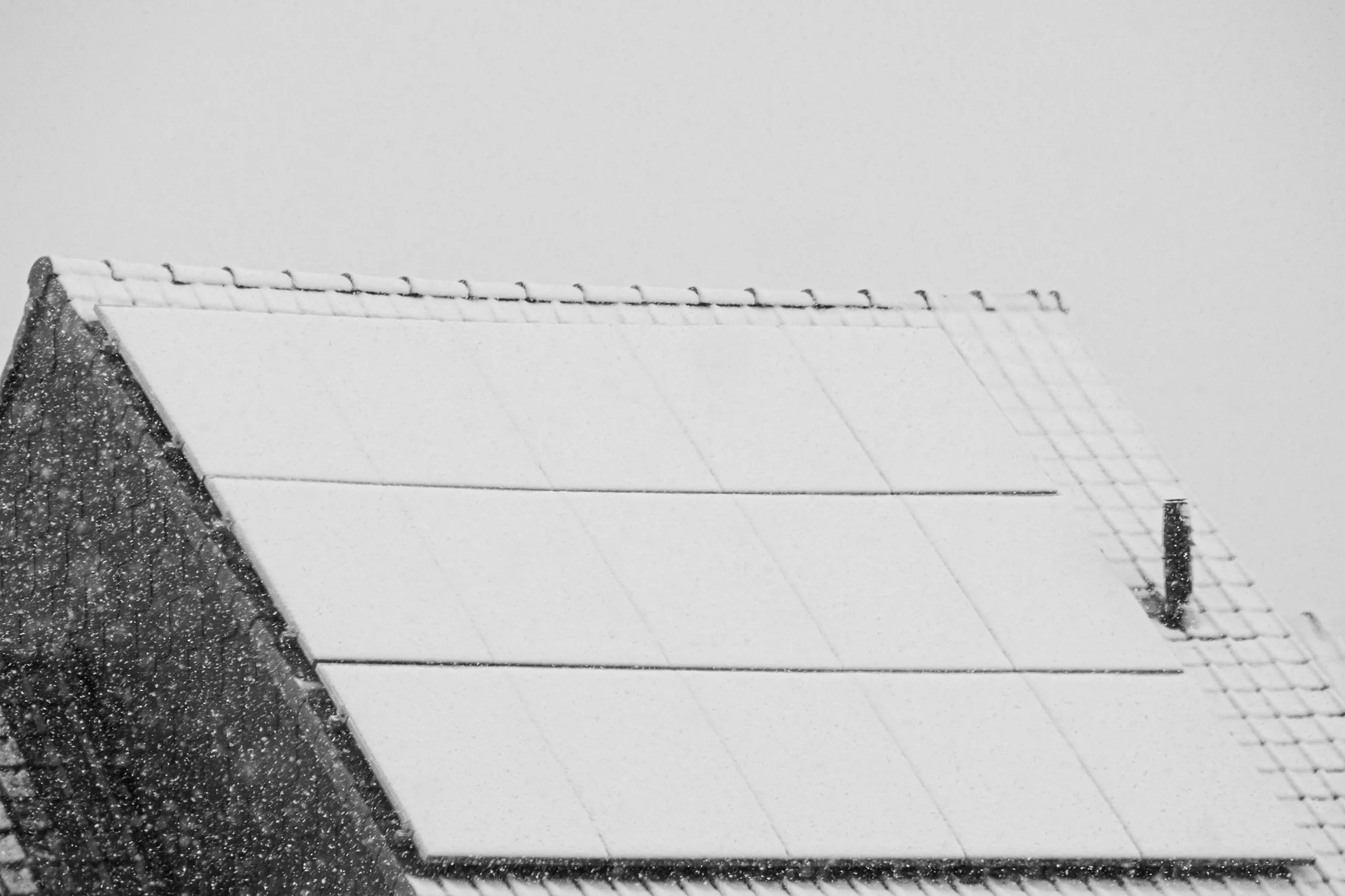 Homeowner safely removing snow from rooftop solar panels using a telescoping soft-head snow rake